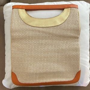 Buti Woven Straw Orange Gold Leather Envelope Semi Circle Handle Foldable Bag